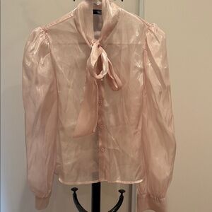 Chic Sheer Pink Blouse with Bow Tie